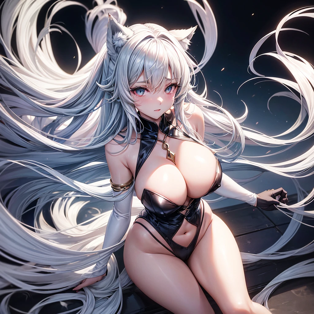 a seductive anime wolf girl with luscious, flowing silver fur. Her eyes glisten with a mischievous glimmer, and her ears perk up with anticipation. She has a curvaceous figure that would make any heart skip a beat, boasting a pair of ample, perky breasts that are impossible to ignore. Her waist is slender, accentuating her hourglass shape, leading down to a set of irresistible hips that sway with every step.
But that's not all! This alluring wolf girl possesses not one, but nine elegant tails, each one swishing and curling with grace. Her tails seem to have a mind of their own, teasing and caressing with a tantalizing touch. As for her clothing, she wears a set of transparent garments that cling to her body, leaving little to the imagination. The ethereal fabric drapes over her curves, revealing just enough to spark desire and leave you wanting more.