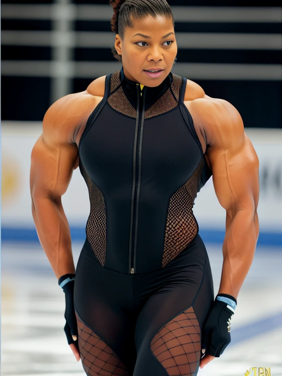 Queen latifah, Wearing a skin tight Olympic long track speedskating suit, perdita werek, extremely muscular thick neck muscles, giant neck muscles, A heavily muscled iffb pro female bodybuilder, huge trapezius muscles, neck muscles pretrudes wider than her head, bulging neck muscles, tiny breasts, , close up portrait.,front view, looking at floor, where a young prostitute sits on the edge of the bed,, midriff, torn top, breast exposed, (very detailed clothing: 1.2), (highly detailed background: 1.hotorealistic, 1girl, Fishnet, torn clothes, masterpiece, best quality, highly detailed. (winning photo: 1.2), JP ,22 YEARS OLD,FACE,LOOKING AT VIEWER, torn clothes, cloth pieces, catholic