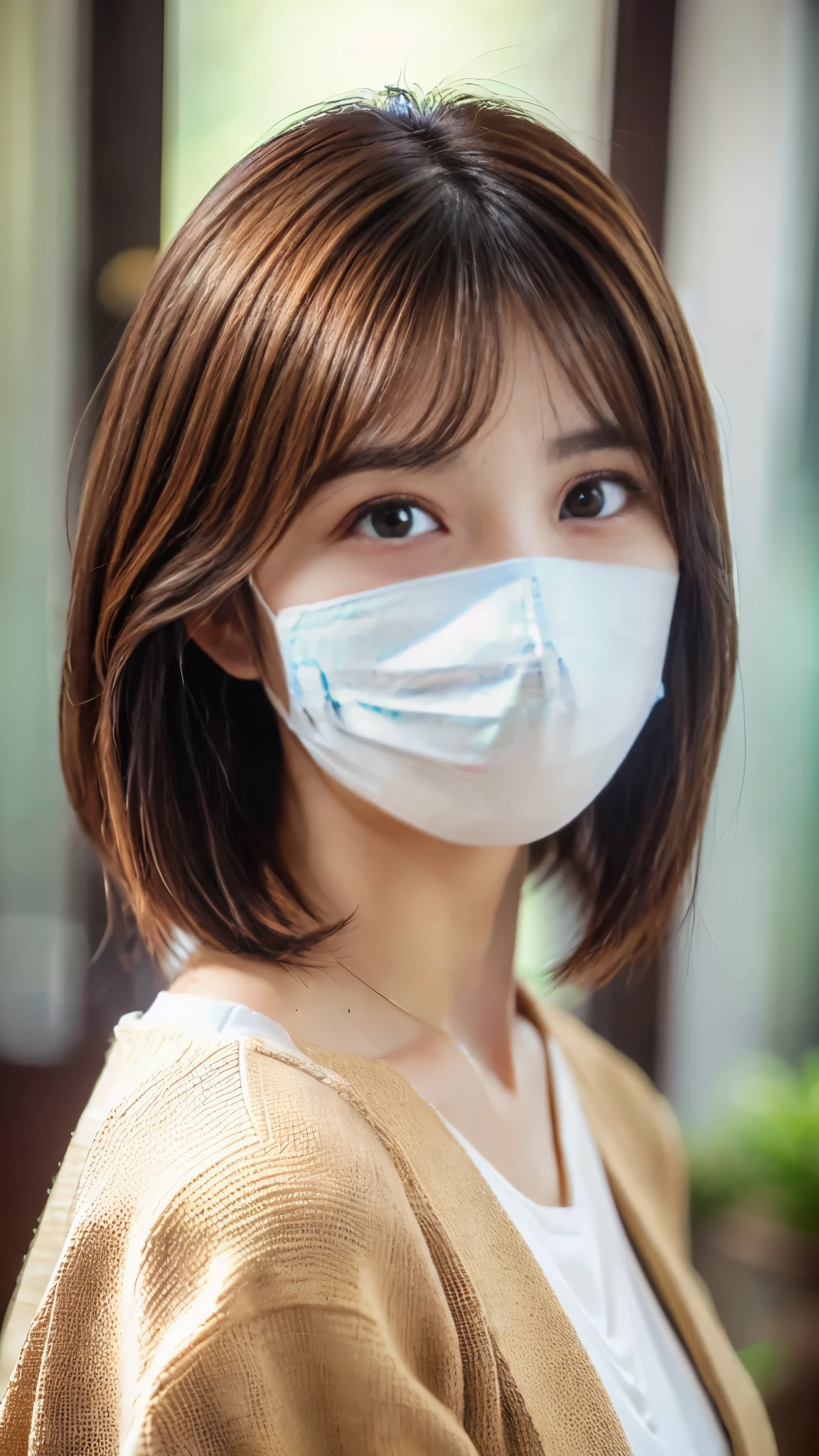 (highest quality、16k、masterpiece、realistic、Super detailed、Beautiful in every detail、ray tracing)、photograph、
At the office、((遠くからwhole bodyが写るように撮影))、
beautiful asian woman、japanese woman、25 year old female model、(((whole body))、blazer、((White mask))、
(detailed face、golden ratio of beauty)、gentle smile、brown hair、((medium bob hair))
