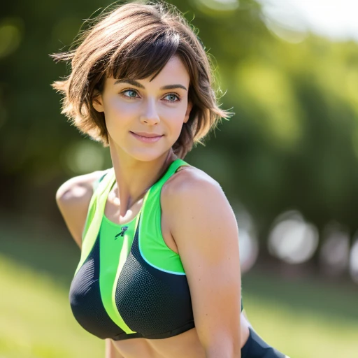 photography, brown hair, short hair, messy hair, spiky cut, Beautiful eyes, fit girl, subtle smile, full body, 1.70meters, breat size 34C, Green eyes, caucasian, french, detailed face, best quality, highres, textured skin, super detail, 8k, legging, shirt, sportwear, training, (plan large:1.1), (running:1.1), clothes black, outside
