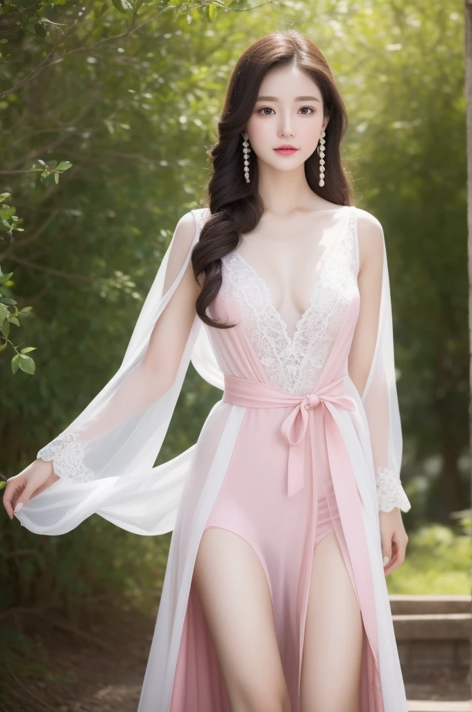 High resolution, (Official art, Beautiful and aesthetic: 1.2), Close View, Vast world, girl, Running, Refreshing smile, (No panties), ((Ultra transparent long light pink dress)), Distant horizon, natural beauty, inspiration, light effect, The camera takes pictures up close, (NSFW: 1.5), english garden