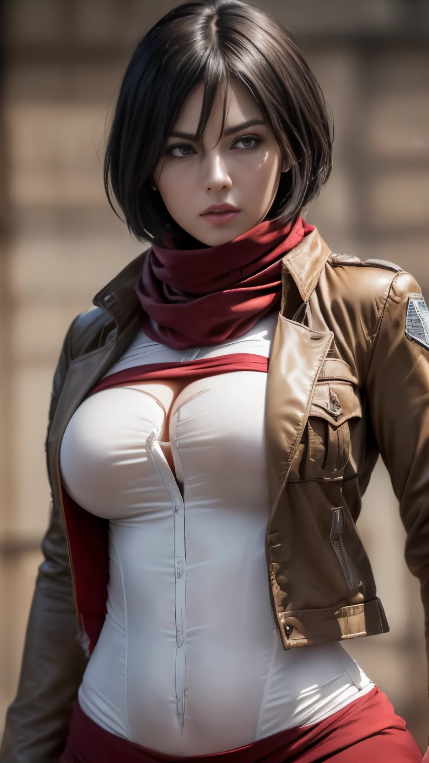 Mikasa, sexy, Attack on Titan, AOT character, Mikasa character, ((Mikasa cosplay)), ((A very cute caucasian girl cosplaying Mikasa, posing model style), ((blur background)), 1 girl, wide range photoshoot, wide range, (milf), beautiful face, clear face, ((hot body)), ((dark brown jacket and white shirt)), (((wearing red scarf))), short brown skirt, ((AOT)), ((military dress style)), ((cosplay dress)), ((((Huge breasts: 0.9)))), ((no breasts)), coverd, (((Realistic))), ((well dressed)), waist curve pose, front side, (8k, RAW photo, top quality, masterpiece), (Realistic, photorealistic: 1.9), ((Full body shot)), stylish pose, ((Highly detailed skin: 1.2)), ((Realistic: 1.9)), Photos, masterpieces, top quality, (beautiful blue eyes, gorgeous pale grey black hair, white skin, thick body, lower abdomen bristles, perfect slim figure), various poses, model pose, ultra-detailed face, detailed eyes, a lot of people are looking at her with excitement, (((close-up))), sun light, cinematic, ((photoshoot)), photography