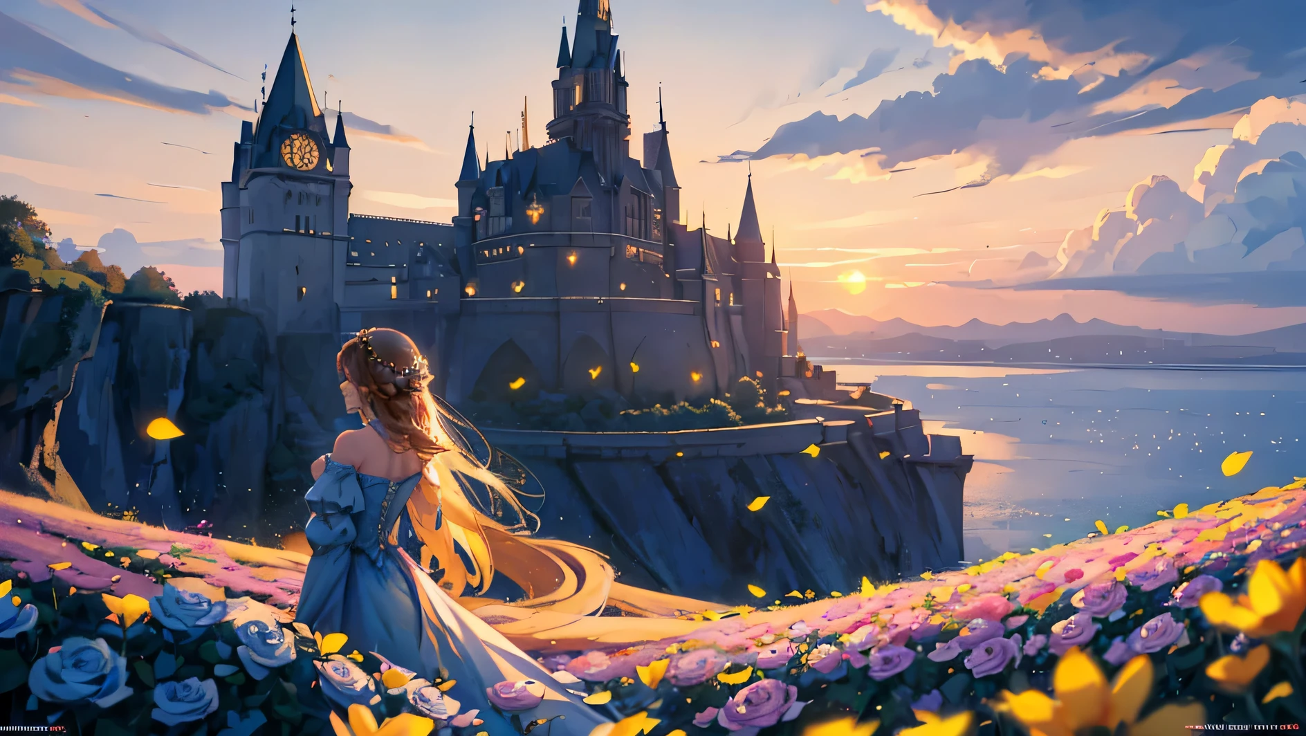 Beautiful castle in the sky with big clouds and a sea with flowers and roses, golden hour