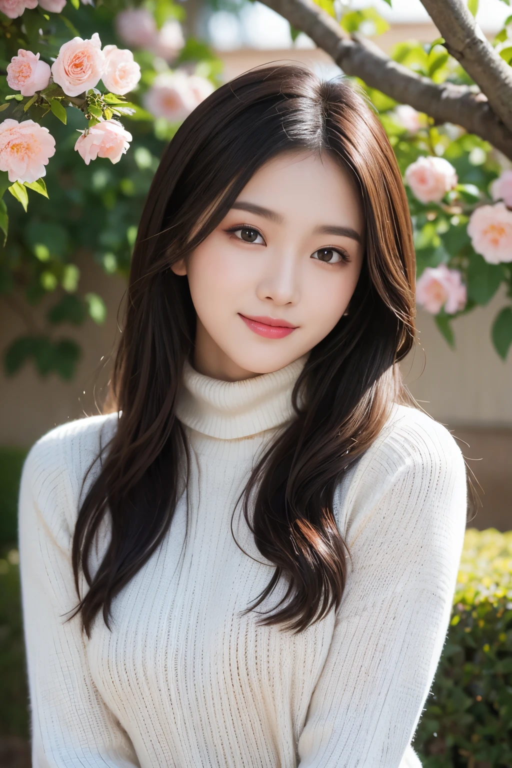 masterpiece、dslr photography、analog style、nikon d5、real photo、beautiful 20 year old woman photo、dramatic lighting(85mm)、Blooming garden in the background、(detailed facial features)、(detailed shiny eyes)、dynamic angle、michelangelo style、long hair、turtleneck sweater、smile:1.4、
