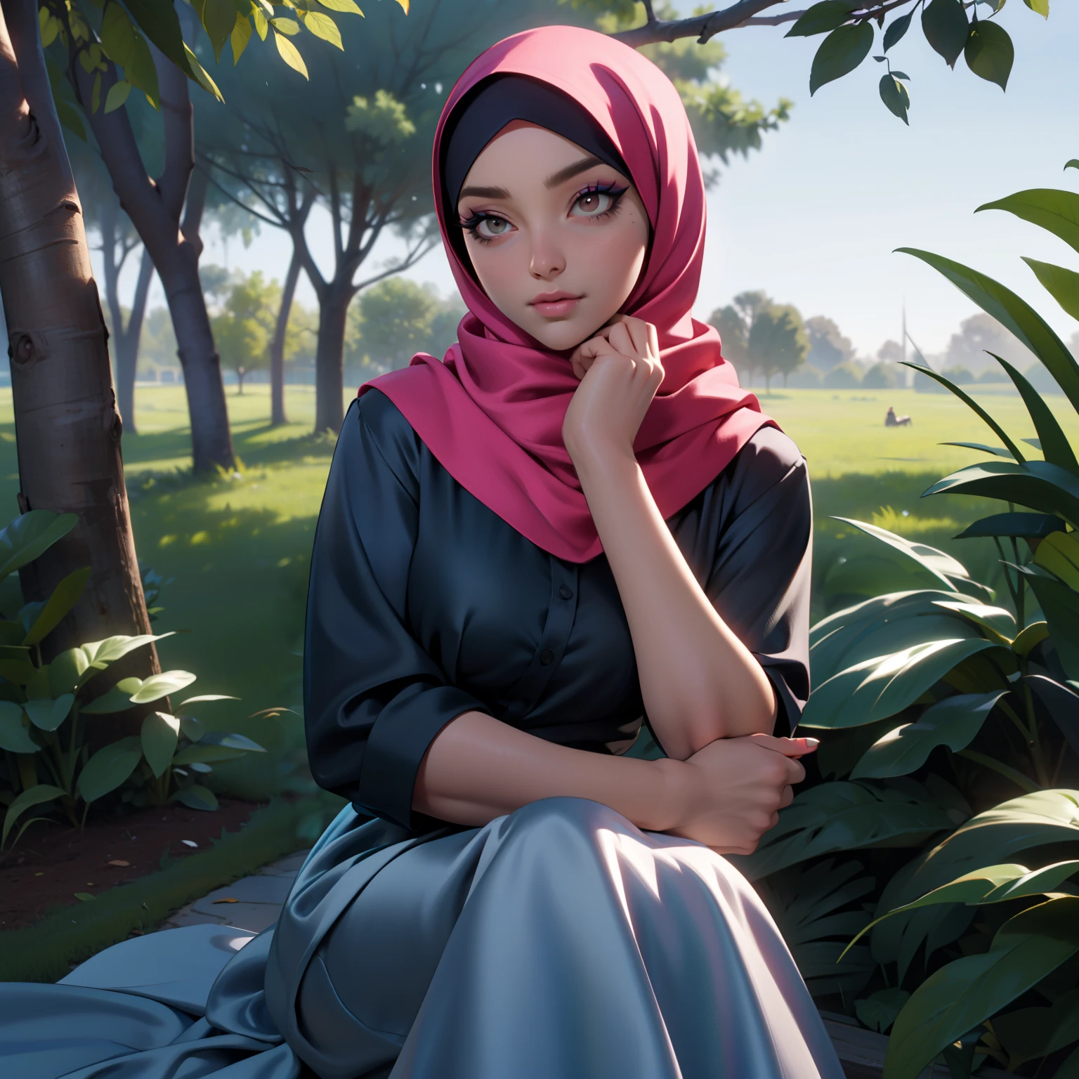 ((Masterpiece, best quality, photography, detailed skin, realistic, photo-realistic, 3D Character Design, pixar, 8k, highly detailed, full length frame, High detail RAW color art, diffused soft lighting, shallow depth of field, sharp focus, hyperrealism, cinematic lighting, close up)); hijab, a woman in a ((silver satin hijab)), ((pink satin shirt)), posing for a picture, wearing floral sarong satin skirt, sitting in the garden, outdoors