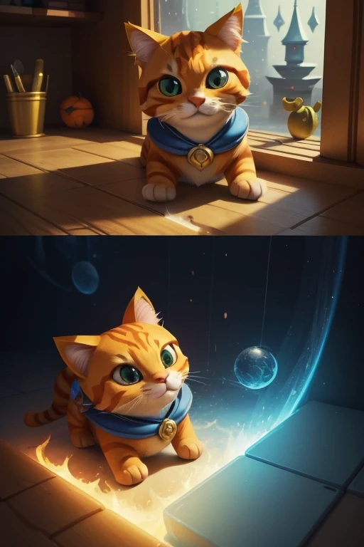 A 3D cute cat with stylized 3D, cuadruped, orange artstation stylized, 3D, game art, dream magical, cozily, Perfectcomposition, colorful, Wallpaper quality, design sense, aesthetics, Cartoon feel, 8K, wonderful, amazing scenefinished concept art, (clash of clans), (((tomaco)))