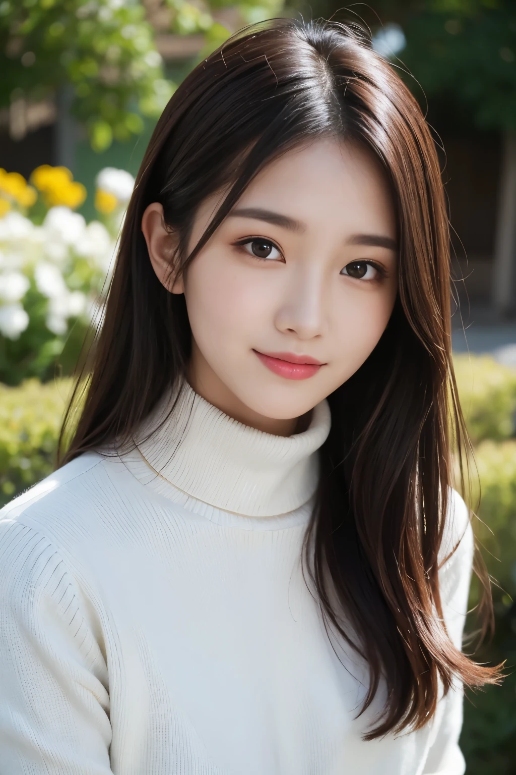 masterpiece、dslr photography、analog style、nikon d5、real photo、beautiful 20 year old woman photo、dramatic lighting(85mm)、Blooming garden in the background、(detailed facial features)、(detailed shiny eyes)、dynamic angle、michelangelo style、long hair、turtleneck sweater、smile:1.4、Close-up