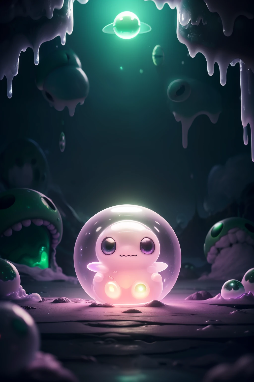 Cute round green alien alone in a laboratory at night, laboratory view, (at mid night, dynamic landscape angle, landscape focus:1.2) (small white translucent bioluminescent, cute alien that is alone, alien has teeth, cute ferous expression, sagging slime, oozing gooey, viscous goo),add_detail:1.2