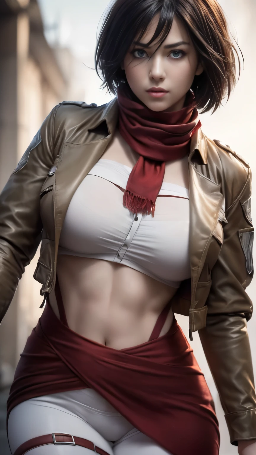 Mikasa, sexy, Attack on Titan, AOT character, Mikasa character, ((Mikasa cosplay)), ((A very cute caucasian girl cosplaying Mikasa, posing model style), ((blur background)), 1 girl, wide range photoshoot, wide range, (milf), beautiful face, clear face, ((hot body)), ((dark brown jacket and white shirt)), (((wearing red scarf))), short brown skirt, ((AOT)), ((military dress style)), ((cosplay dress)), ((((Huge breasts: 0.9)))), ((no breasts)), coverd, (((Realistic))), ((well dressed)), waist curve pose, front side, (8k, RAW photo, top quality, masterpiece), (Realistic, photorealistic: 1.9), ((Full body shot)), stylish pose, ((Highly detailed skin: 1.2)), ((Realistic: 1.9)), Photos, masterpieces, top quality, (beautiful blue eyes, gorgeous pale grey black hair, white skin, thick body, lower abdomen bristles, perfect slim figure), various poses, model pose, ultra-detailed face, detailed eyes, a lot of people are looking at her with excitement, (((close-up))), sun light, cinematic, ((photoshoot)), photography