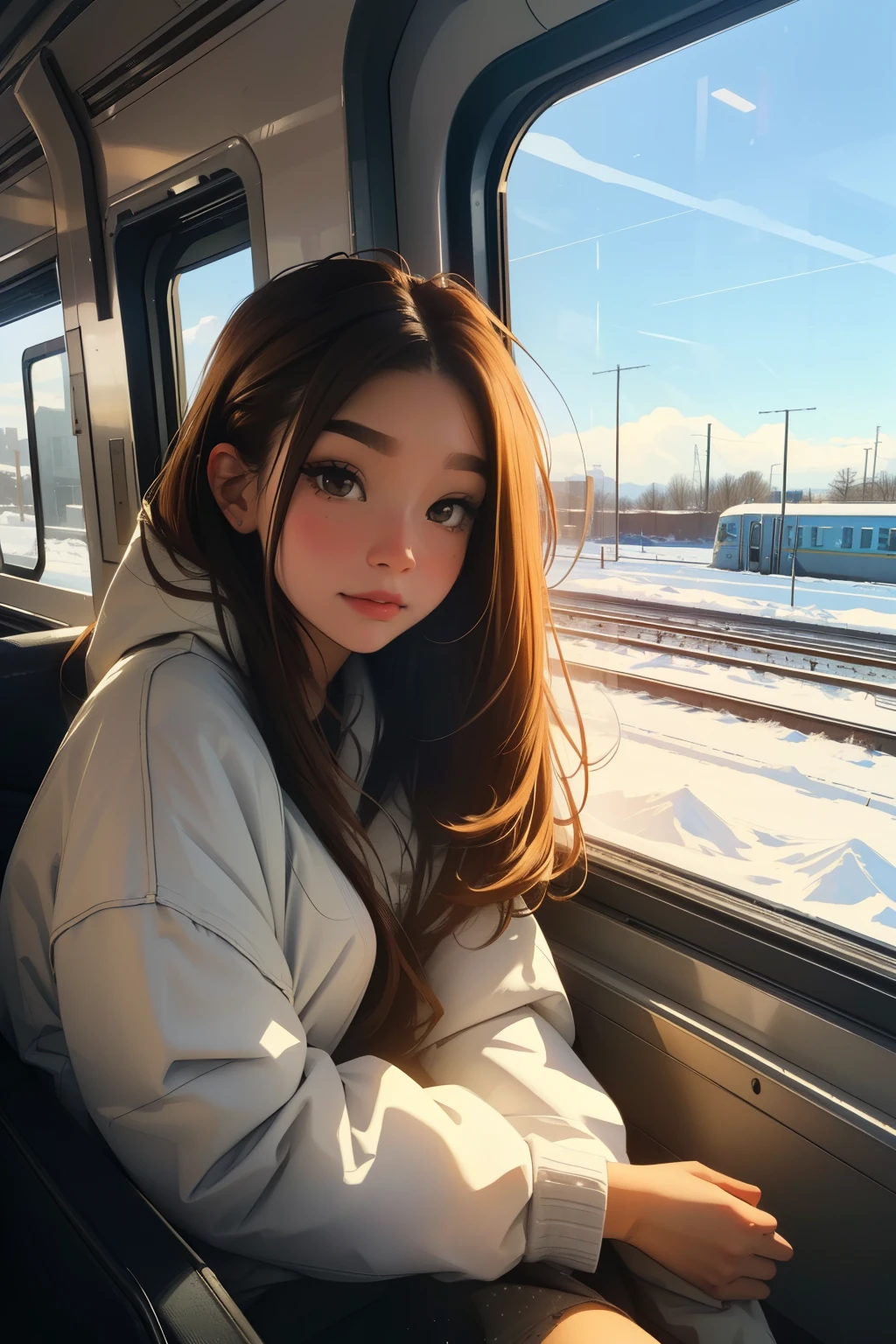 train, sitting by the window, admiring the scenery pose, looking out of the window, hair stuck to the glass, landscapes passing by at high speed, overnight journey, beautiful snowfall sky, beautiful girl, UHD portrait, (best quality) (ultra-detailed) hip-hop style street padding worn by viewer observing; different, colorful, long hair with brown color 🌈