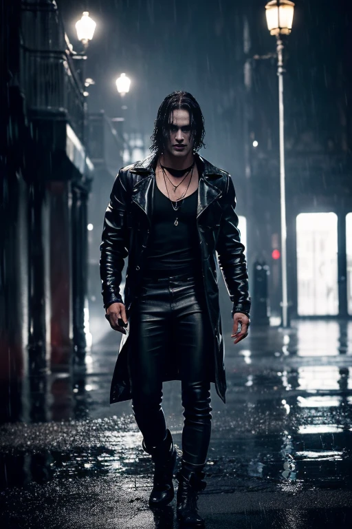 (best quality, ultra-detailed, realistic:1.37), intense lighting, monochromatic color palette, horror, close-up portrait, wet effect, dramatic expression, blurred background, wet streets, raining, reflection on his skin, dark city lights, man on his 30 yo brandon lee, the crow movie, pale skin, the crow movie make up, shiny, intense stare, gloomy ambience, hauntingly beautiful, mysterious atmosphere, close up, a crow on his shoulder, mid distance shot, naked thorso , red liquid on his hands and forearms, black leather trousers,  chains, black boots, wet hairs ,wet body, cowboy shot, standing pose,  night time