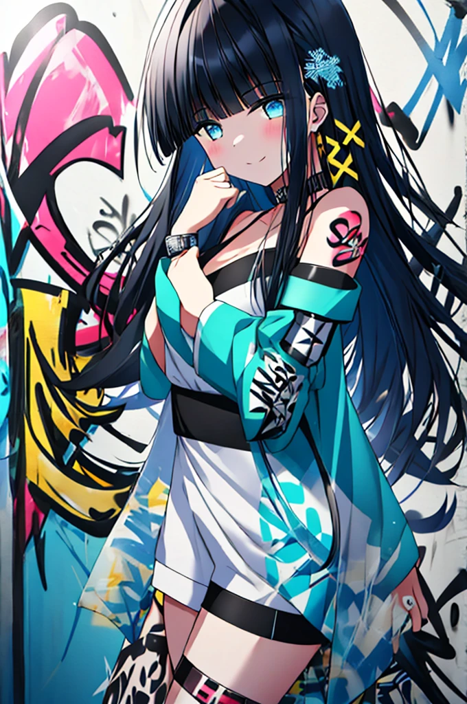 Siboshency,1 girl,black hair,long hair,alone,dull bangs,Snowflake Hair Ornament,Yellow x hair ornament,black eye,blue eyes,denim shorts, choker, (graffiti:1.5), smile,Paint splatters, turn your arms behind your back, towards the wall, looking at the viewer, armband, thigh strap, Paint on the body, head tilt, was bored, headset,outdoor,Day,exquisite visuals, High resolution,masterpiece,highest quality,exquisite visuals,High resolution,masterpiece,highest quality,18-year-old,young woman,beautiful fingers,beautiful long legs,beautiful body,beautiful character design,