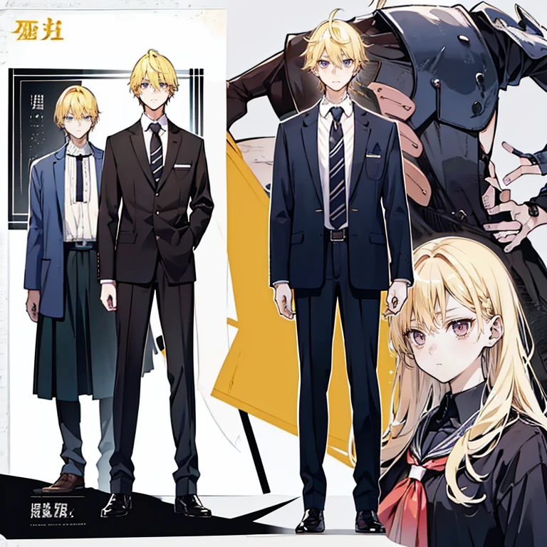 character design sheet、profile、upper body only、male、school uniform、fashion、blonde、straight face、Expressionless、brown blazer、black socks、Stand up straight、look at the front、high resolution、highest quality、masterpiece