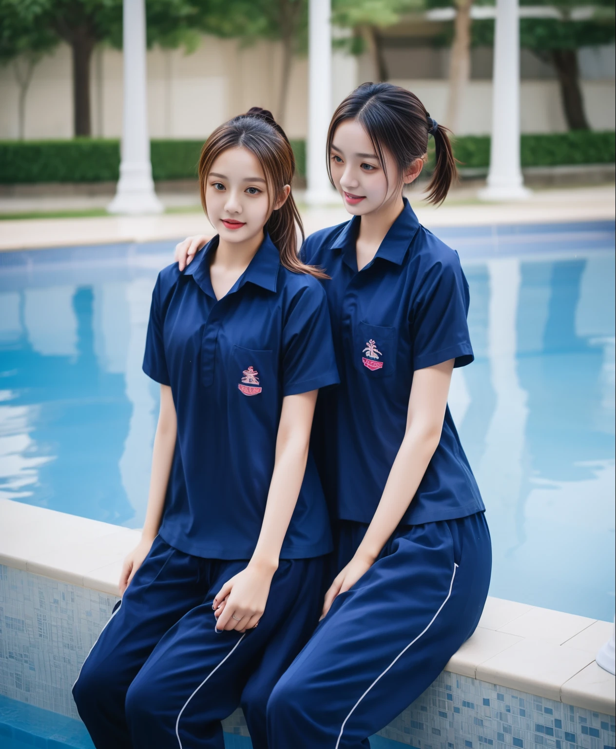 2 girls in the swimming pool, Navy blue short-sleeved shirt,Navy Long Trackpant,Sweatpants, Sweatpantsขายาว,25 year old girl, lesbian, sexy, exercise clothes, wet body