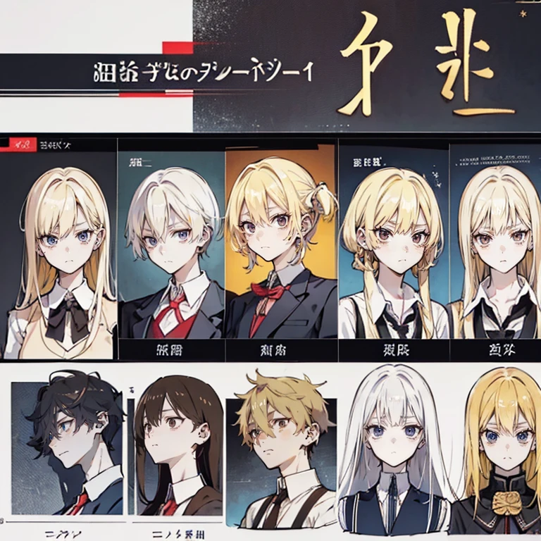 character design sheet、profile、upper body only、male、school uniform、fashion、blonde、straight face、Expressionless、brown blazer、black socks、high resolution、highest quality、masterpiece