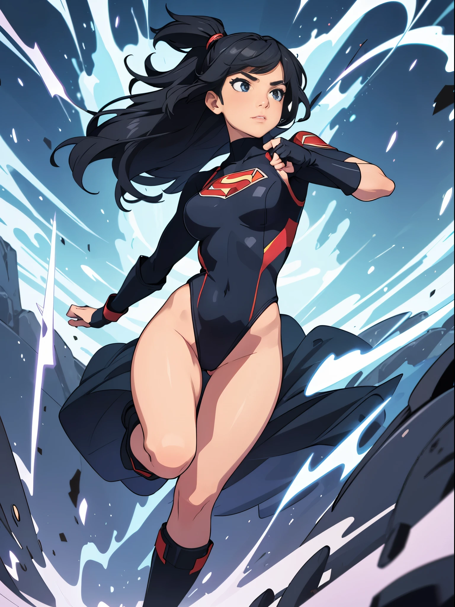 "1girl, solo focus, wearing a sleek leotard, with bare legs and boots, donning gloves, spins fast in place like a tornado, superhero, perfect body, good proportions, ((only five fingers))."