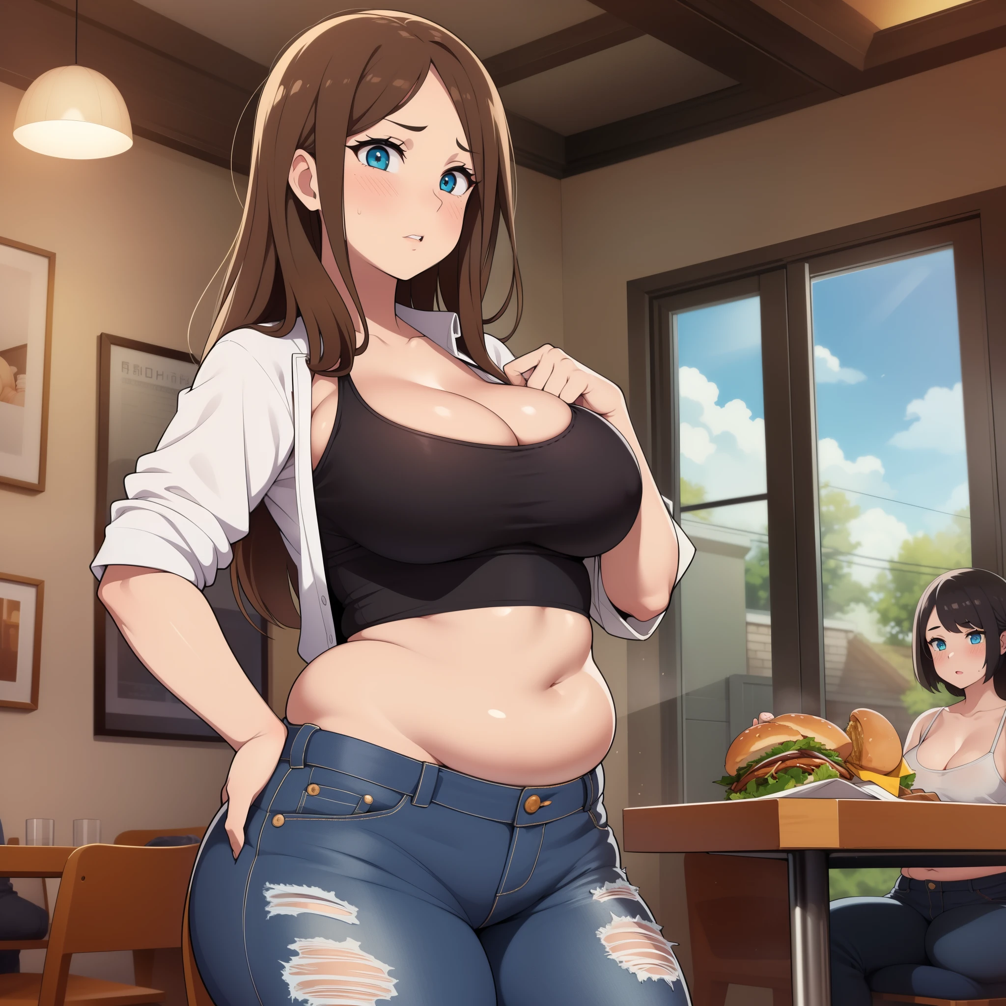 ((Masterpiece)), perfect anatomy, perfect shading, field of depth, (best quality), extremely delicate and beautiful, perfect lighting, detailed face, ultra cute face, cute, ((blush)), nervous, ((2girls)),
one girl has blonde hair, blue eyes, crop top and shorts, one girl has brown hair, green eyes, jeans, white shirt, thighs clothes, full body, medium breasts, cleavage, ((wide hips)), ((thick thighs)), ((chubby)), pudgy belly, fat folds,
fast food restaurant, standing,