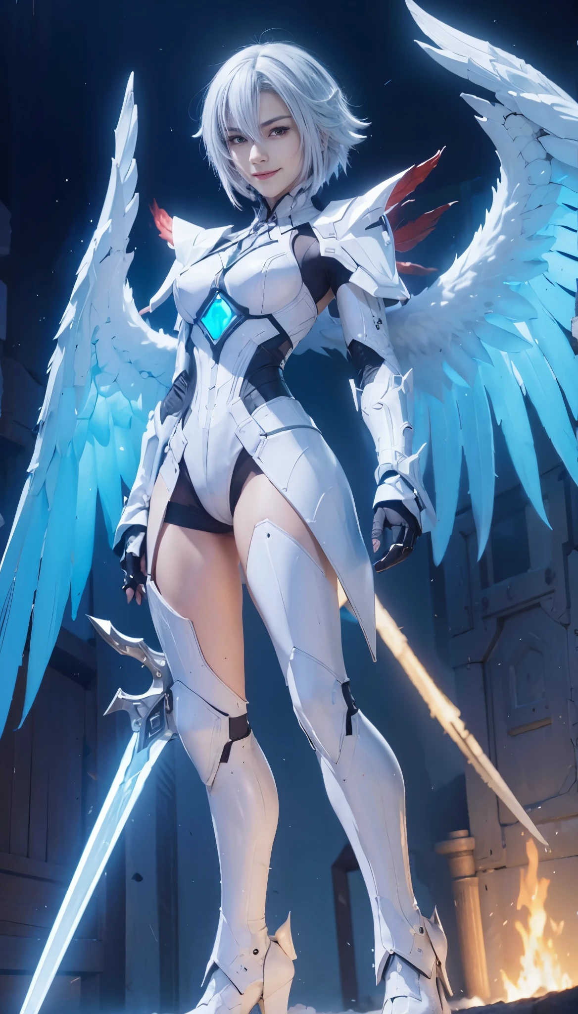 dark skin, medium white hair, smile, dark battlesuit
