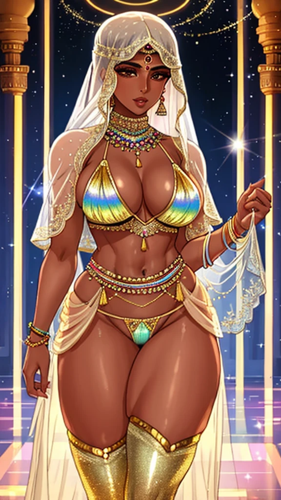 50-year-old indian female ifbb, extremely translucent shimmering dress, reflective gold shiny bra, glowing iridescent thong, white sheer arab pants, thick lips, mature allure, dark skinned