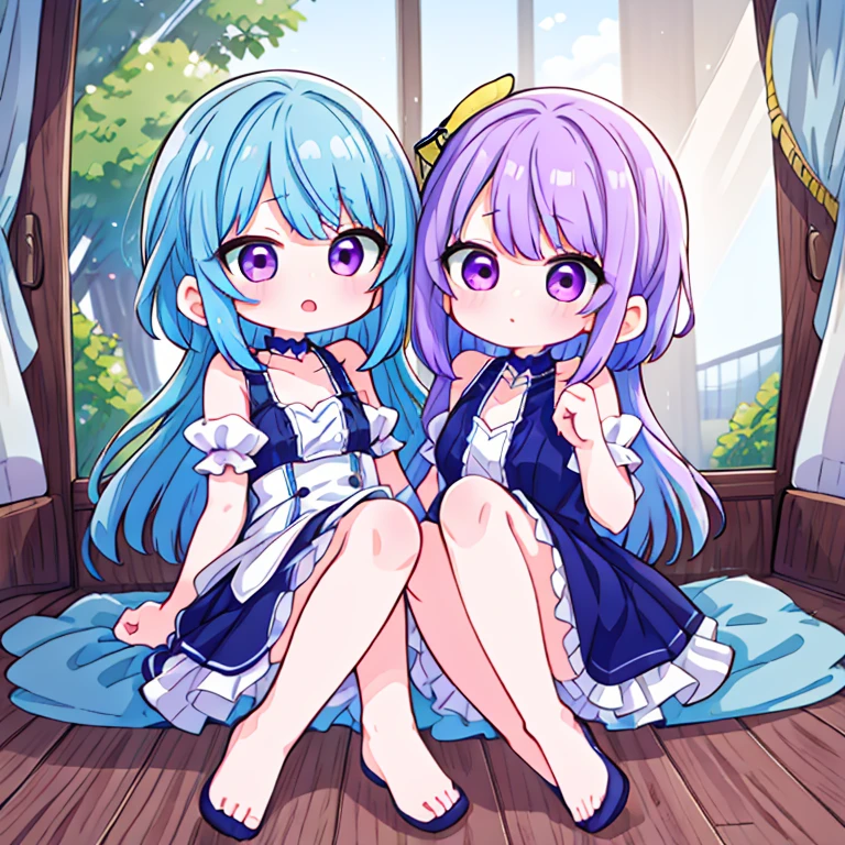 Two girl sister, one with purple hair and the other with blue hair, one .