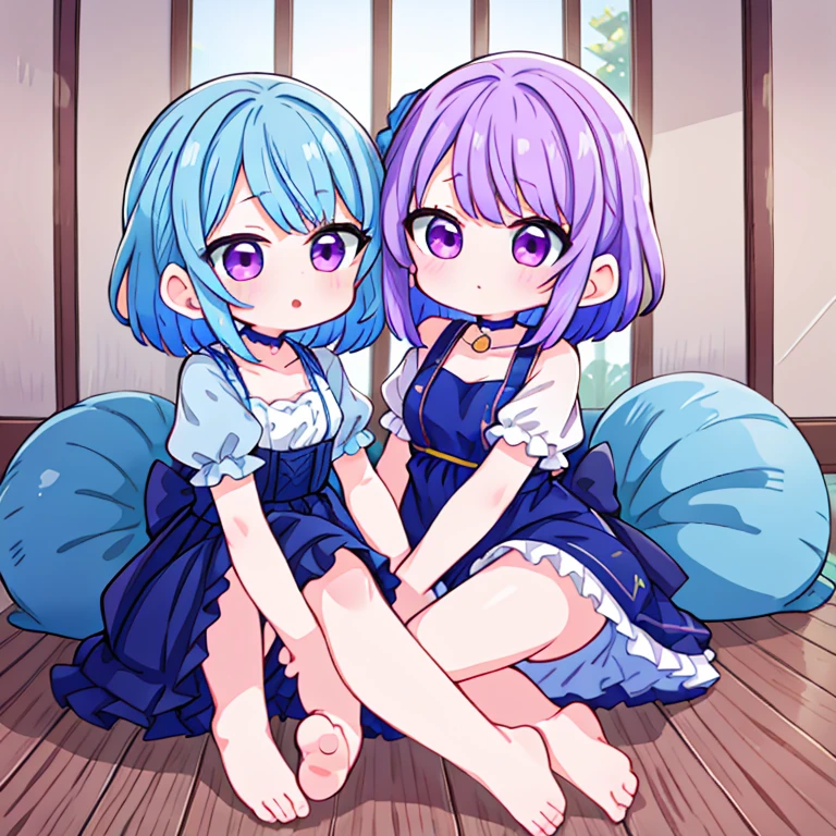 Two girl sister, one with purple hair and the other with blue hair, one teen and little .