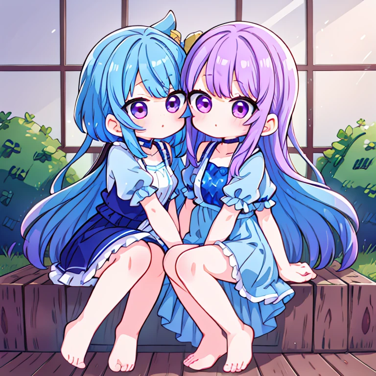 Two girl sister, one with purple hair and the other with blue hair, one  .