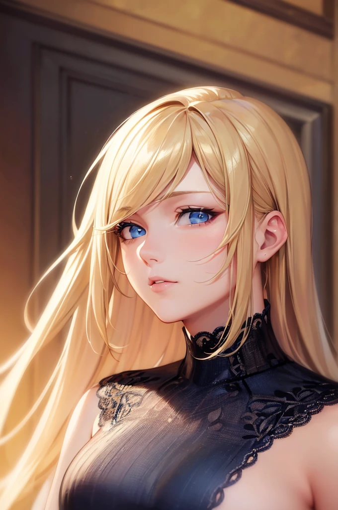 (best quality, highres), portrait, mature woman, blue eyes, long hair, swept-side bang, [[brown hair]], (blonde hair), big breast,  blushing, ultra detailed cg 8k, beautiful, high resolution 8k
