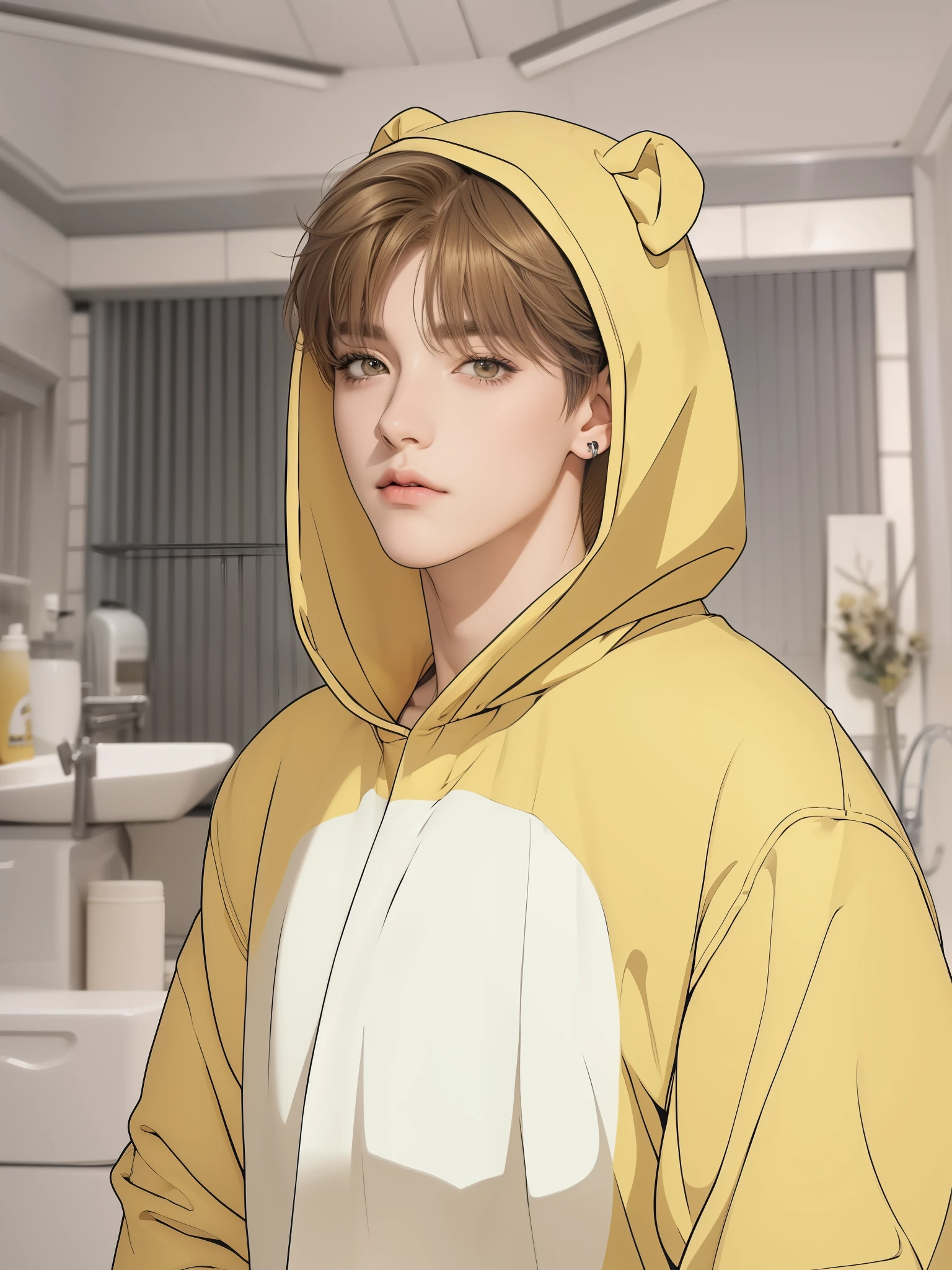 yellow hooded anime character standing in a room with a sink, fanart de alta calidad, en una sudadera con capucha, fanart oficial, como personaje de anime, retrato realista kawaii, en un estilo anime, en estilo anime, jungkook, estilo anime realista 3d, realistic anime art style, sakimichan, realistic art style, in the art style of 80s anime