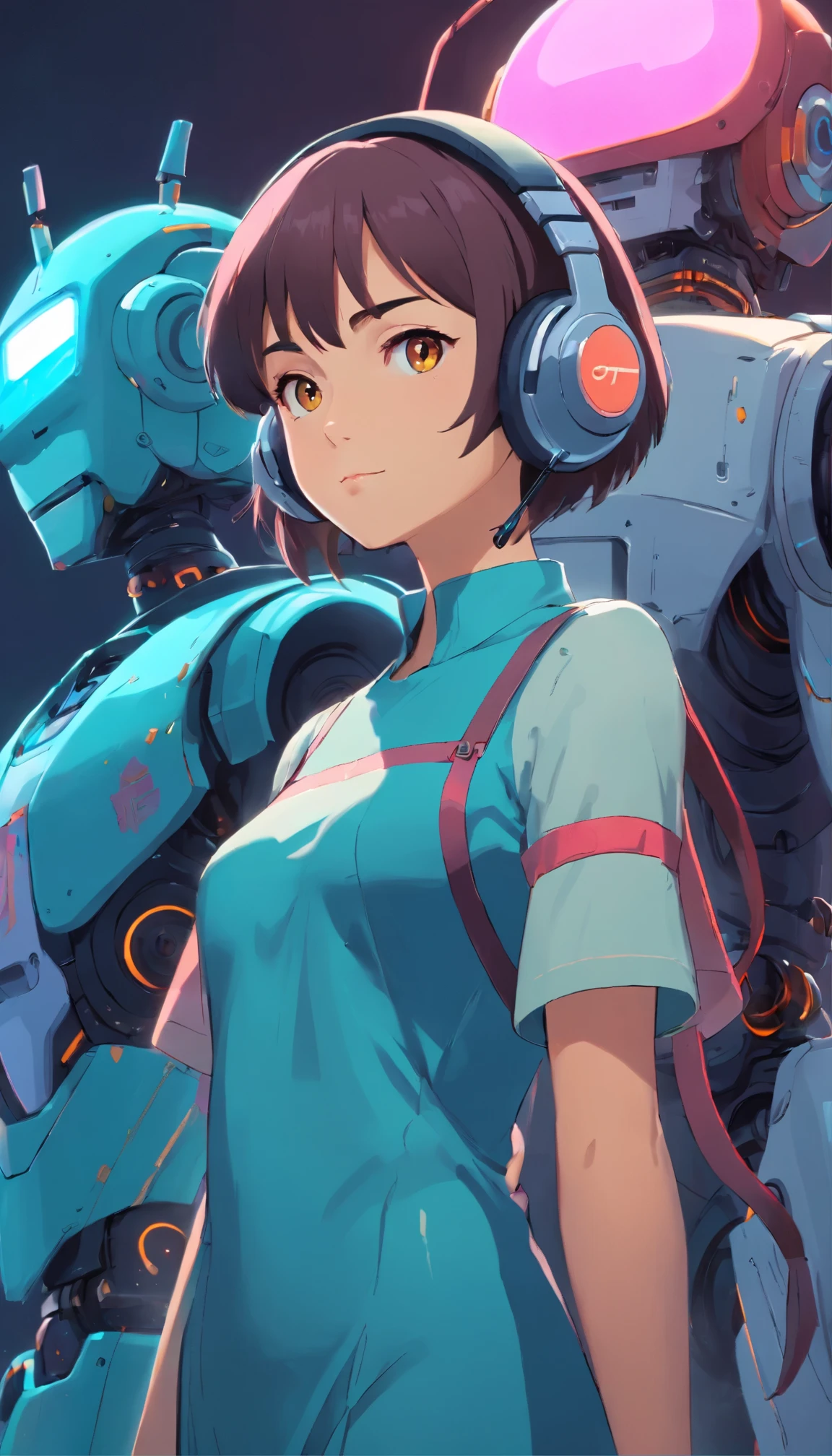 a woman with headphones standing next to a robot, cyberpunk art by Jason A. Engle, cgsociety, retrofuturism, ilya kuvshinov, sci-fi, futuristic, vibrant, photorealistic, realistic, dramatic, cinematic lighting, sharp focus, 8k