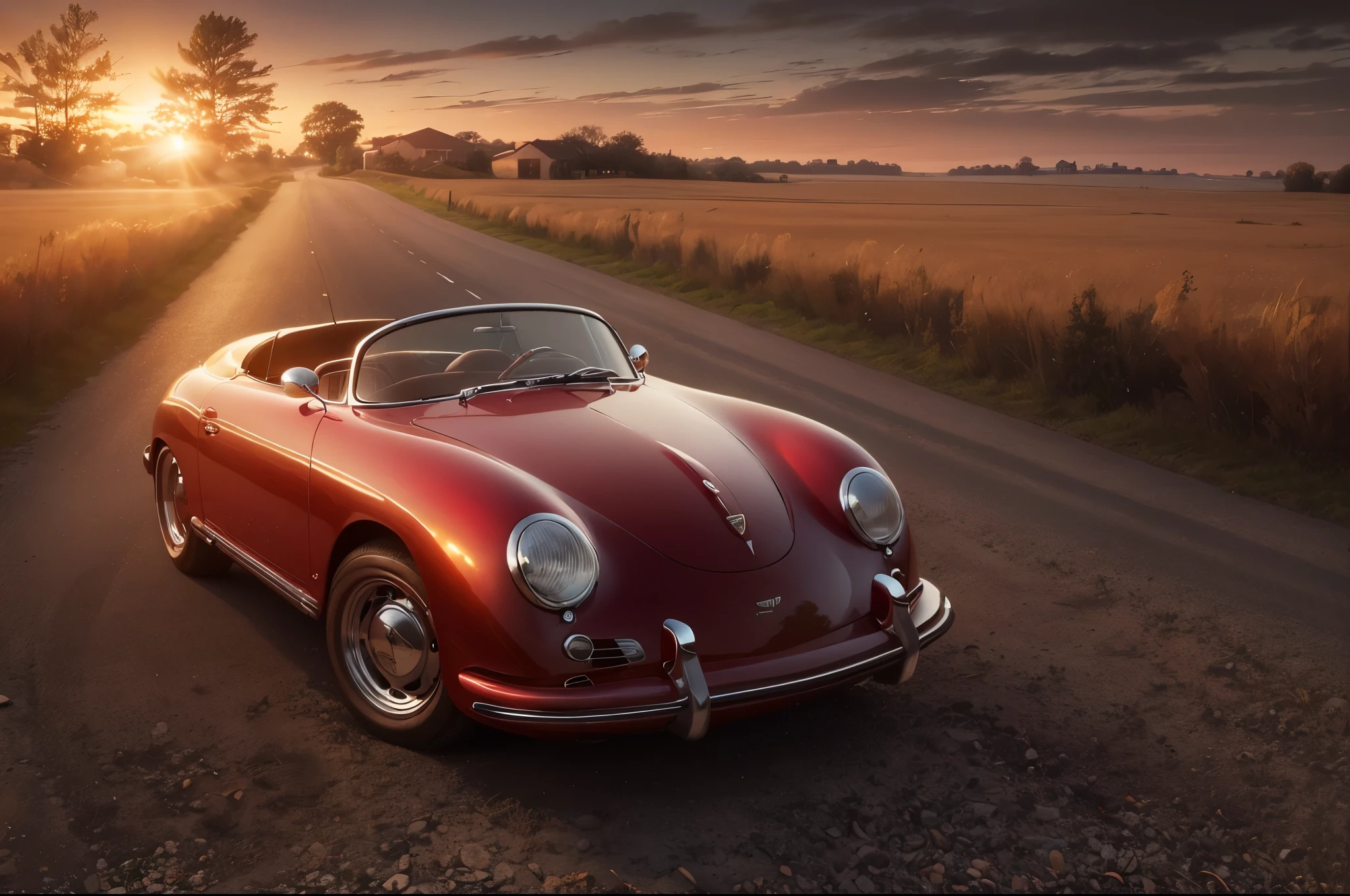 A red Porsche 356 Speedster convertible with its headlights on and on on a country road surrounded by greenery with the sun setting on the horizon