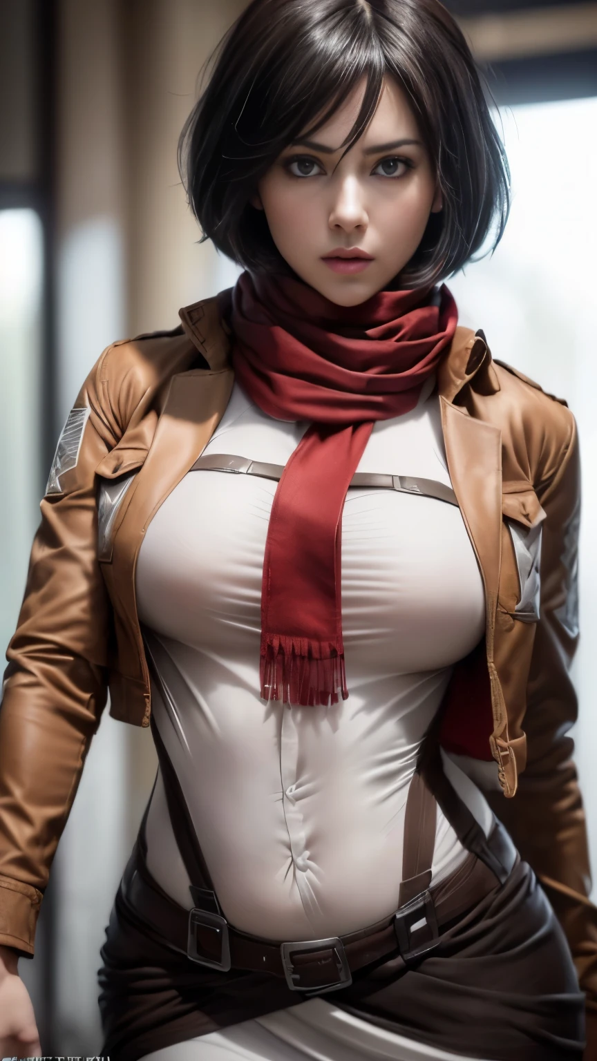 Mikasa, sexy, Attack on Titan, AOT character, Mikasa character, ((Mikasa cosplay)), ((A very cute caucasian girl cosplaying Mikasa, posing model style), ((blur background)), 1 girl, wide range photoshoot, wide range, (milf), beautiful face, clear face, ((hot body)), ((dark brown jacket and white shirt)), (((wearing red scarf))), short brown skirt, ((AOT)), ((military dress style)), ((cosplay dress)), ((((Huge breasts: 0.9)))), ((no breasts)), coverd, (((Realistic))), ((well dressed)), waist curve pose, front side, (8k, RAW photo, top quality, masterpiece), (Realistic, photorealistic: 1.9), ((Full body shot)), stylish pose, ((Highly detailed skin: 1.2)), ((Realistic: 1.9)), Photos, masterpieces, top quality, (beautiful blue eyes, gorgeous pale grey black hair, white skin, thick body, lower abdomen bristles, perfect slim figure), various poses, model pose, ultra-detailed face, detailed eyes, a lot of people are looking at her with excitement, (((close-up))), sun light, cinematic, ((photoshoot)), photography