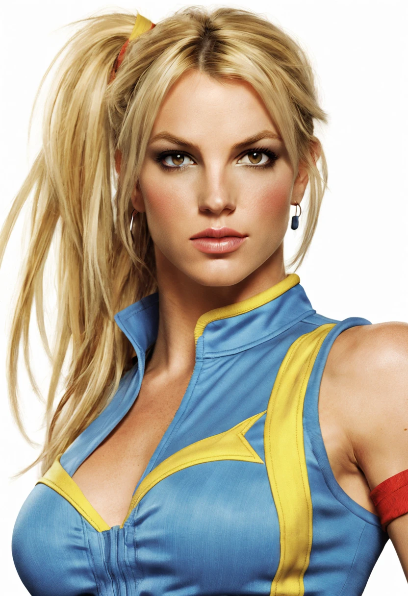 Hyperrealistic art Portrait of young (Britney Spears:0.6) ((ohwx woman)) as (Cammy from Street Fighter 6)1.3, wearing tight blue top and leggings, fantasy, highly detailed, digital painting, artstation, concept art, sharp focus, illustration, art by Tony Sart and artgerm and randy vargas. Extremely high-resolution details, photographic, realism pushed to extreme, fine texture, incredibly lifelike