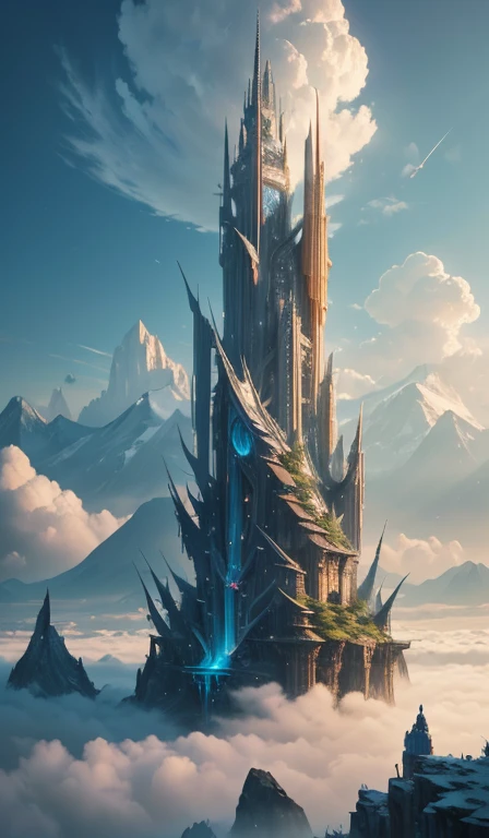 masterpiece, best quality, (best quality, High:1.2),ultra-detailed,Conceptual art,concept art,MKSKS Style,Species,with beauty and wonder,part master,high quality,Digital painting/(artwork/),(mountain range) , tower rising from the middle of the mountains, (Technological tower that extends into the clouds), Final Fantasy.