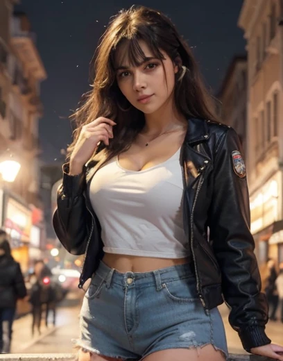 Mujer joven sexy. Vestida campera de cuero sin mangas. Falda corta. Noche en la ciudad. Una luna amarilla y grande en el cielo