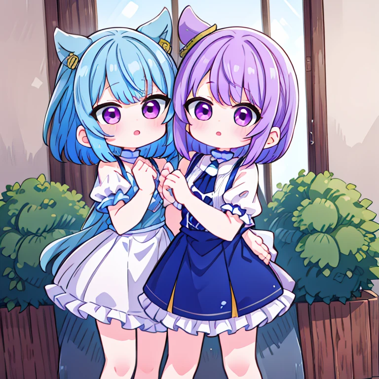 Two girl sister, one with purple hair and the other with blue hair, one teen and little .