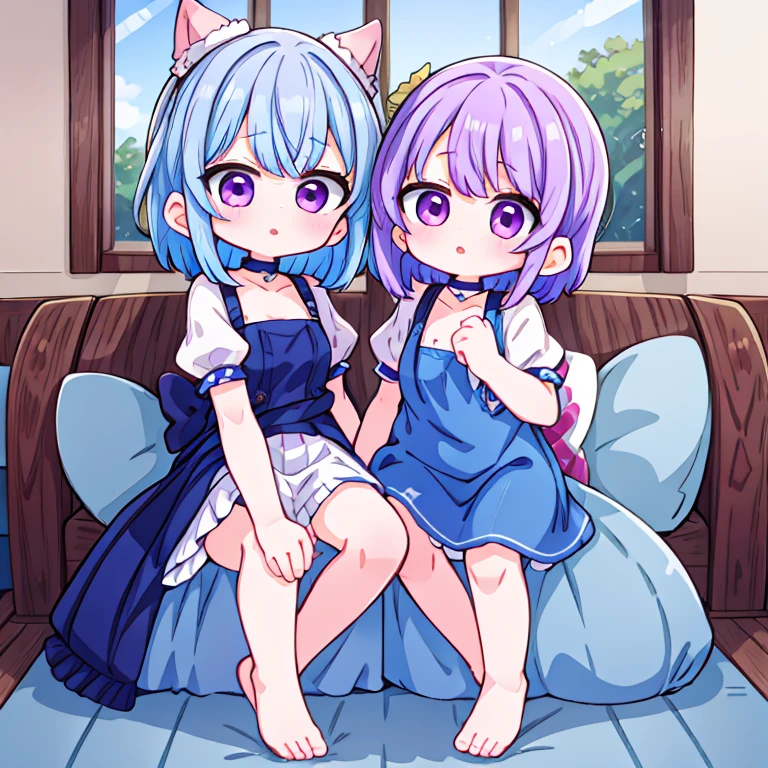 Two girl sister, one with purple hair and the other with blue hair, one  .