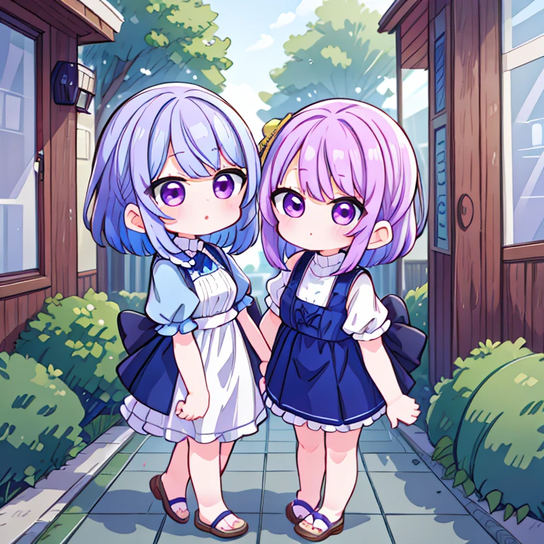 Two girl sister, one with purple hair and the other with blue hair, one  .