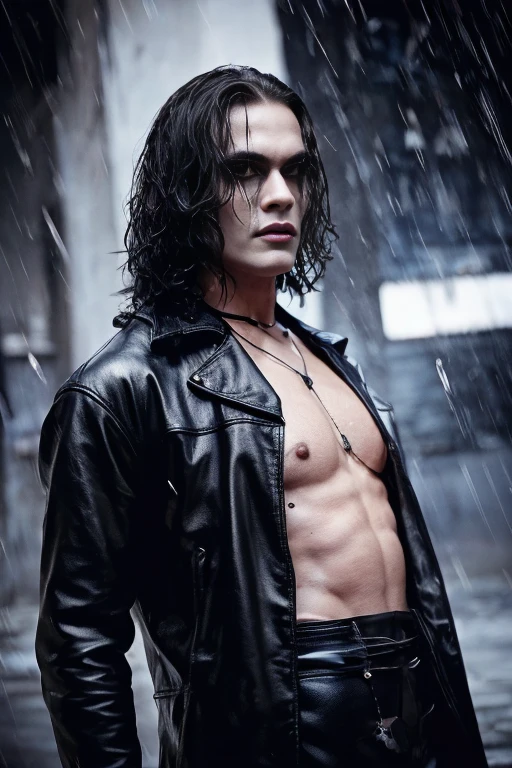 (best quality, ultra-detailed, realistic:1.37), intense lighting, monochromatic color palette, horror, close-up portrait, wet effect, dramatic expression, blurred background, wet streets, raining, reflection on his skin, dark city lights, man on his 30 yo brandon lee, the crow movie, pale skin, the crow movie make up, shiny, intense stare, gloomy ambience, hauntingly beautiful, mysterious atmosphere, close up, a crow on his shoulder, mid distance shot, ????? thorso , red liquid on his hands and forearms, black leather trousers,  chains, black boots, wet hairs ,wet body, cowboy shot, standing pose,  night time, a crow flying above him