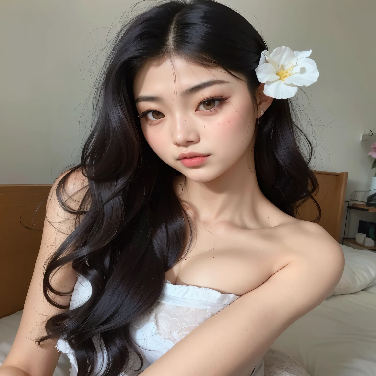 Arafed mulher Asian com longos cabelos pretos e uma flor branca em seu cabelo, beautiful Asian, características Asians, linda jovem coreana, 18 anos de idade, beautiful chinese model, young pale and beautiful asian face, Jennie Kim Blackpink, Asian with long hair, Asian, linda mulher Asian, linda jovem coreana, beautiful aesthetic face, linda mulher sul-coreana, Jennie Kim Blackpink