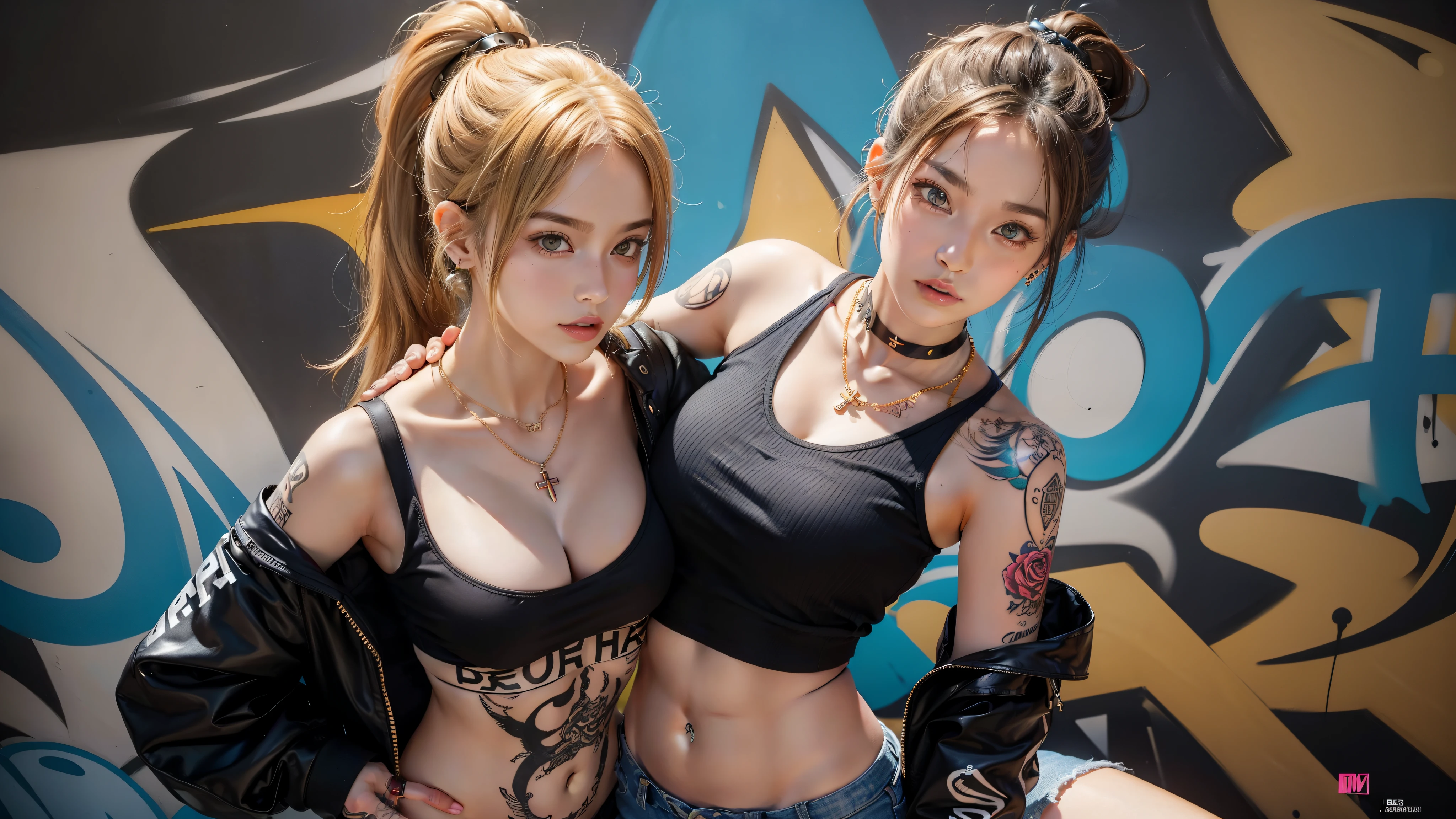 wo pretty womans,Sexy figure,Bumpy figure,Fair face,Sweatshirt sexy Cleavage, shorts to wear,Tattooed with,hip hop style,Graffiti walls,Wearing an exaggerated necklace,Cross your arms,Golden ponytail hair