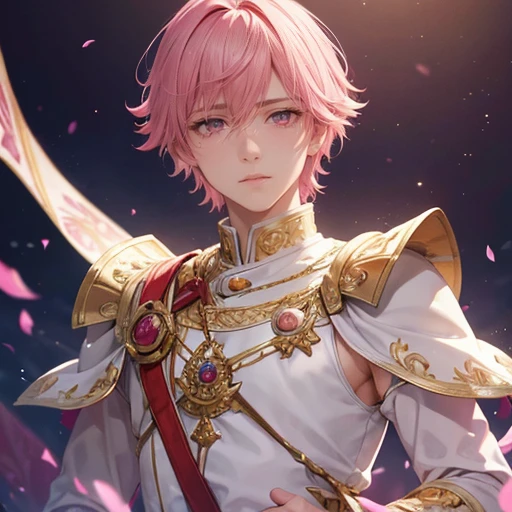 fantastic art of a beautiful prince,,male,pink short hair,beautiful pink eyes,wearing prince wear,sob,weep in sorrow,shed tears,noble,top quality,best picture quality,super masterpiece,super detailed,detailed light,fantastic atmosphere,very delicate and beautiful,highly detailed digital painting,cinematic lighting,8k