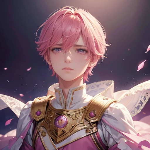 fantastic art of a beautiful prince,,male,pink short hair,beautiful pink eyes,wearing prince wear,sob,weep in sorrow,shed tears,noble,top quality,best picture quality,super masterpiece,super detailed,detailed light,fantastic atmosphere,very delicate and beautiful,highly detailed digital painting,cinematic lighting,8k