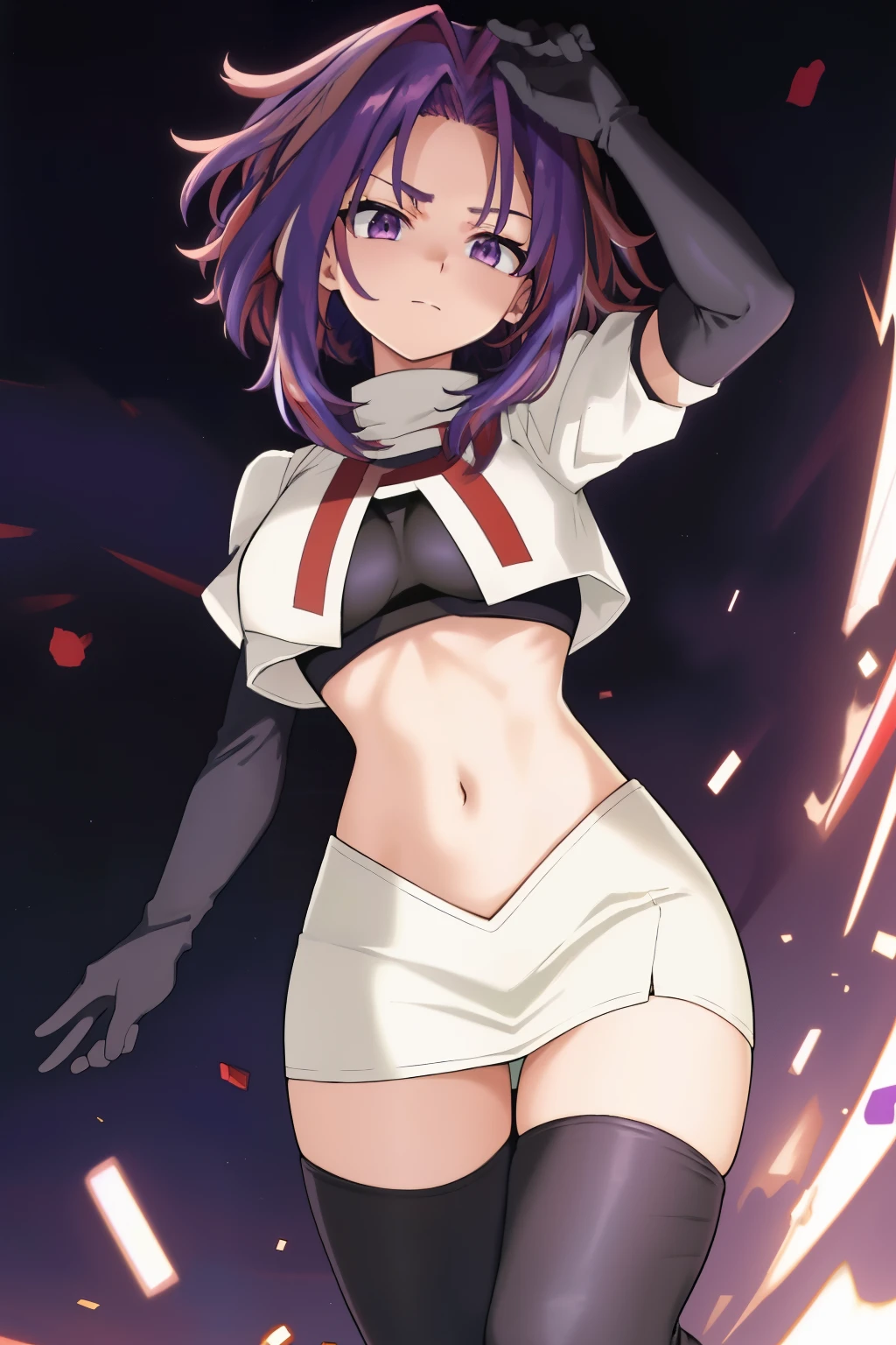 scan, (extremely detailed CG unity 8k wallpaper:1.1), masterpiece, highres, (1girl), lady nagant, boku no hero academia, (purple hair), (multicolored hair), (purple eyes), breasts, team rocket,team rocket uniform, red letter R, white skirt,white crop top,black thigh-highs,black elbow gloves