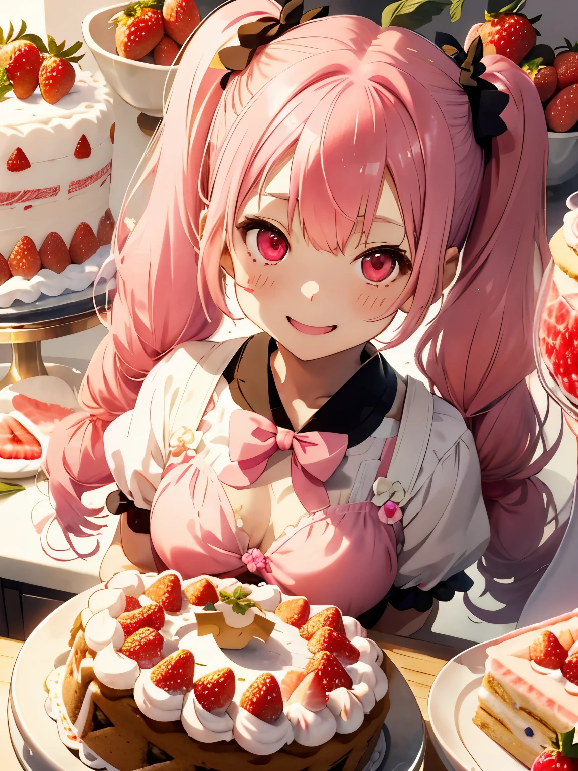 Soft and gentle pattern,anime illustration,Her hair is pink and has twin tails.,((Big strawberry hair clip in a knot)),Her twintail hair is permed and fluffy.,girl with pink eyes,her face is cute、Confident smile,Appearance of about 12 years old,((small breasts:1.2)),((Whole cake with lots of strawberries)),Fancy background in pastel colors