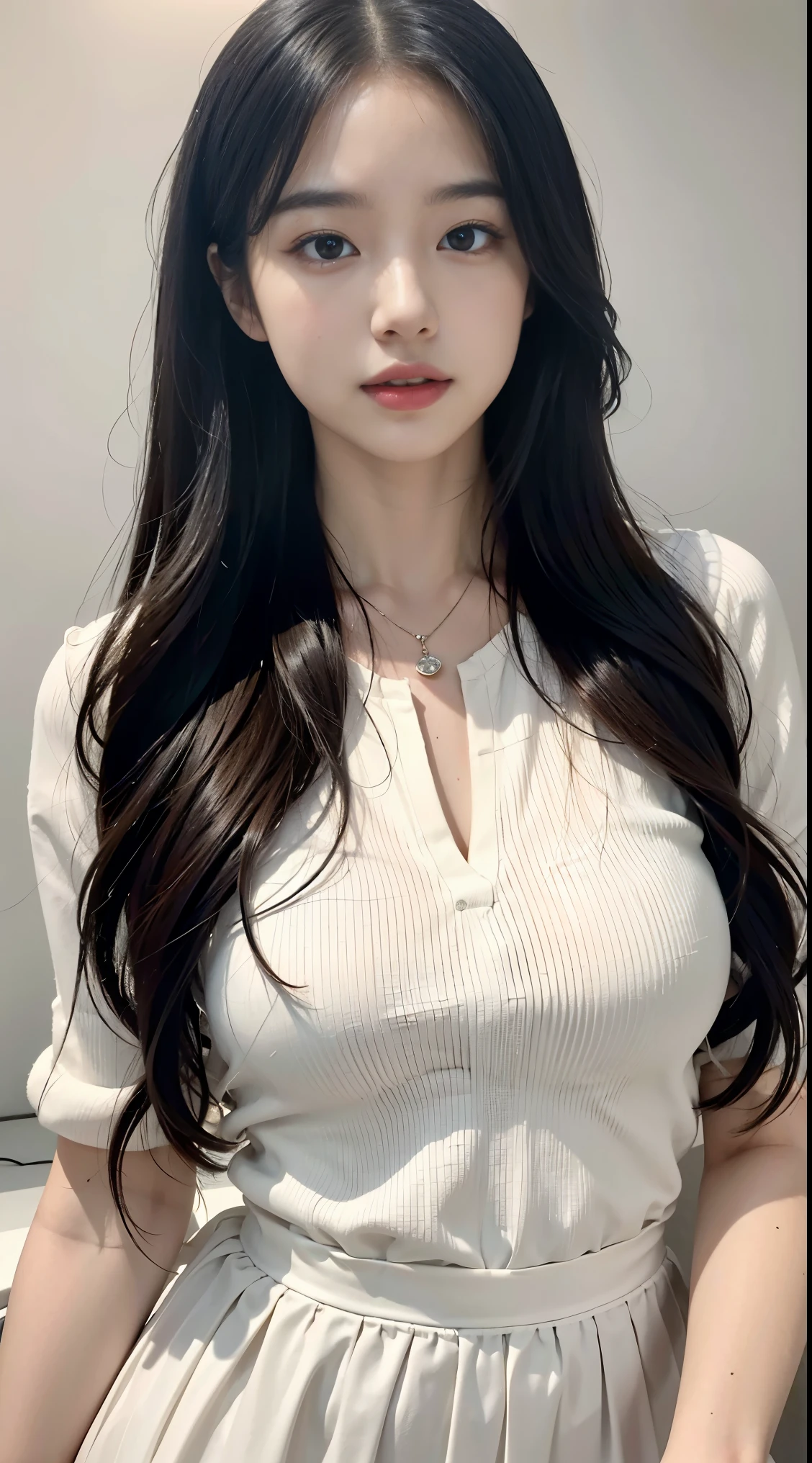 realistic, High resolution, 1 female, glowing skin, alone,  jewelry, wide lips,long hair,wavy hair, closed mouth, hip up, Fashion Model,cute makeup，Idol,skin as white as porcelain,skin as white as snow,wearing clothes