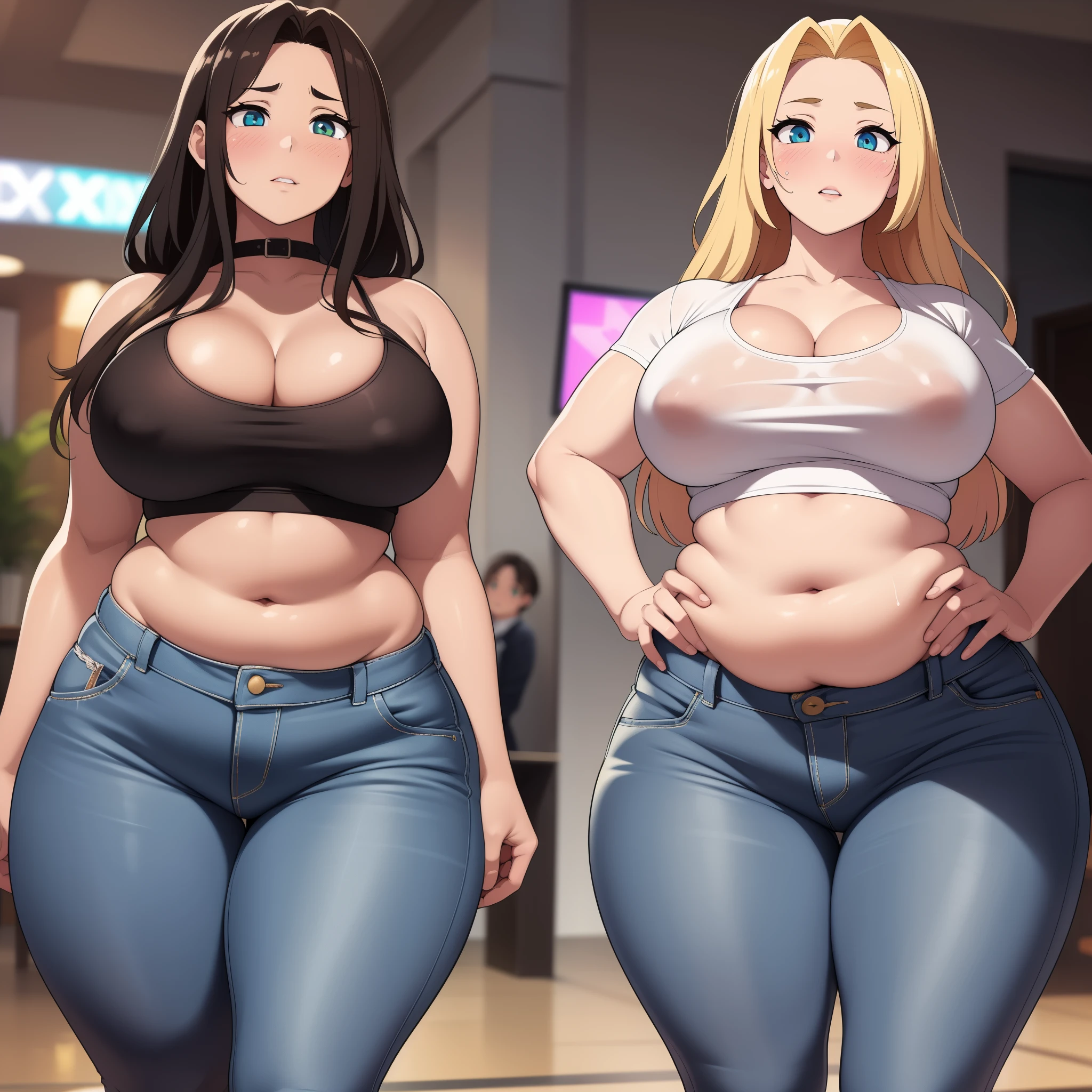 ((Masterpiece)), perfect anatomy, perfect shading, field of depth, (best quality), extremely delicate and beautiful, perfect lighting, detailed face, ultra cute face, cute, ((blush)), nervous, ((2girls)),
one girl has blonde hair, blue eyes, crop top and shorts, one girl has brown hair, green eyes, jeans, white shirt, thighs clothes, full body, medium breasts, cleavage, ((wide hips)), ((thick thighs)), ((chubby)), pudgy belly, fat folds,
fast food restaurant, standing,