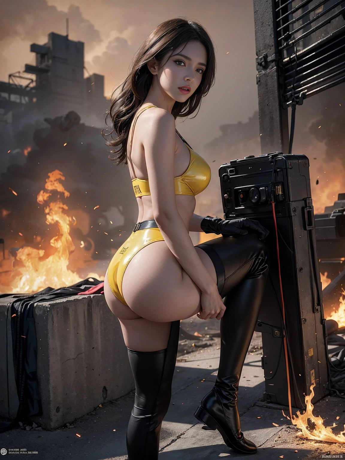 Retrato motor irreal:1.4,CG ultra realista K, fotorrealista:1.4, textura da pele:1.4, obra prima:1.4,Beautiful woman posing from behind in yellow latex lingerie posing in an apocalyptic city of fire,knee tights, Cyberpunk, beautiful thin hands,(foto 8k)), HDR ,super realista,...RAW, DETALHES HIPER-REALISTA, (estilo de filme)cores vivas