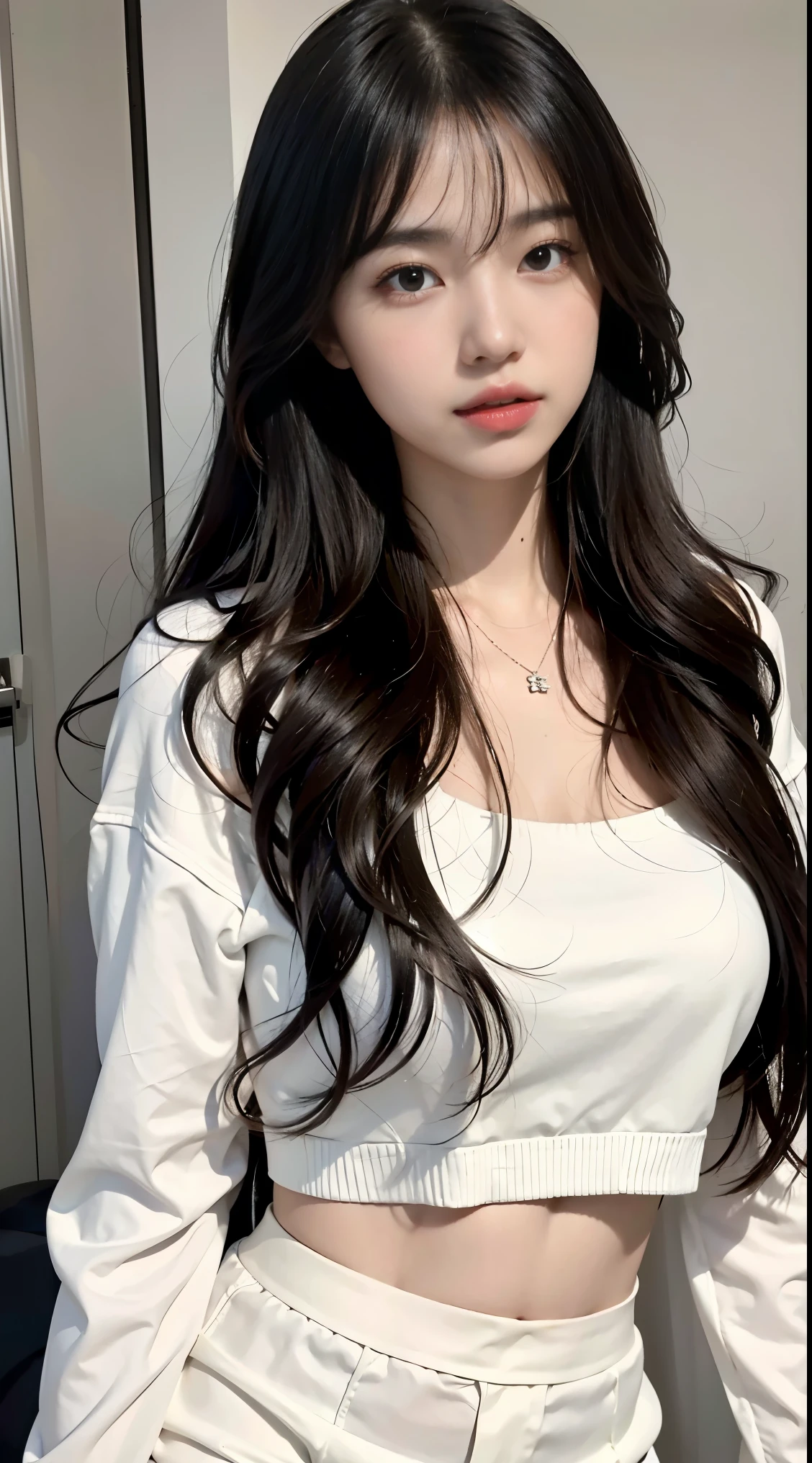 realistic, High resolution, 1 female, glowing skin, alone,  jewelry, wide lips,long hair,wavy hair, closed mouth, hip up, Fashion Model,cute makeup，Idol,skin as white as porcelain,skin as white as snow,wearing clothes