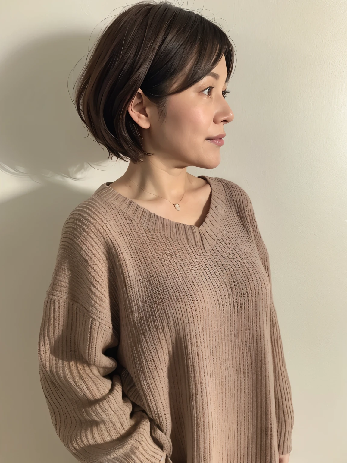 Japan middle-aged woman、shortcut、short hair、profile、Shot from the side、Taken in front of a white wall、white wall room with window、Wearing winter clothes、realistic human eyes、The face of an average Japanese middle-aged woman、Dark brown eyes、Female in her 50s、Wrinkles at the corners of the eyes、Gray hair mixed、Natural light