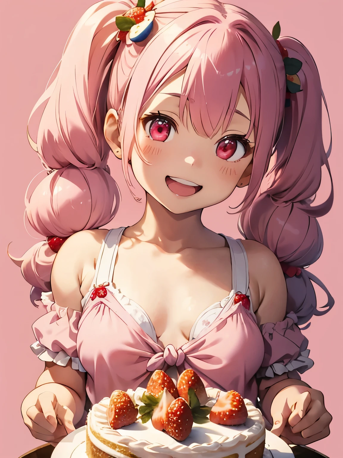 Soft and gentle pattern,anime illustration,Her hair is pink and has twin tails.,((Big strawberry hair clip in a knot)),Her twintail hair is permed and fluffy.,girl with pink eyes,her face is cute、Confident smile,Appearance of about 12 years old,((small breasts:1.5)),((Whole cake with lots of strawberries)),Fancy background in pastel colors,((A cute smile with an open mouth)),